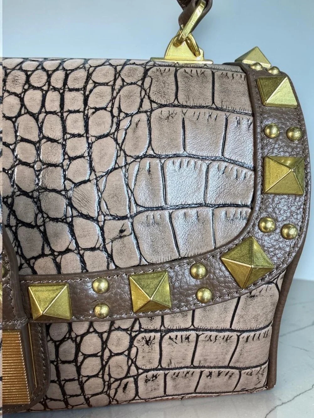 Sharif 1827 Croc-Embossed Leather Studded Top Handle Satchel Sample Bag - New
